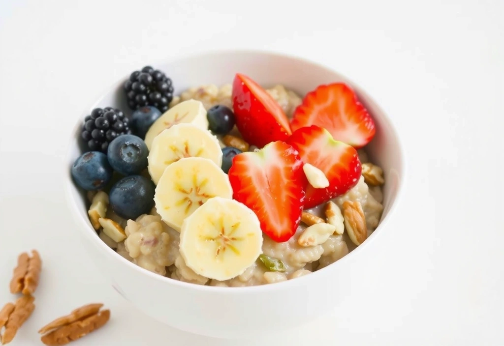Ein nahrhaftes Frühstück mit Haferflocken, Früchten und Nüssen, perfekt für einen energiegeladenen Start in den Tag.