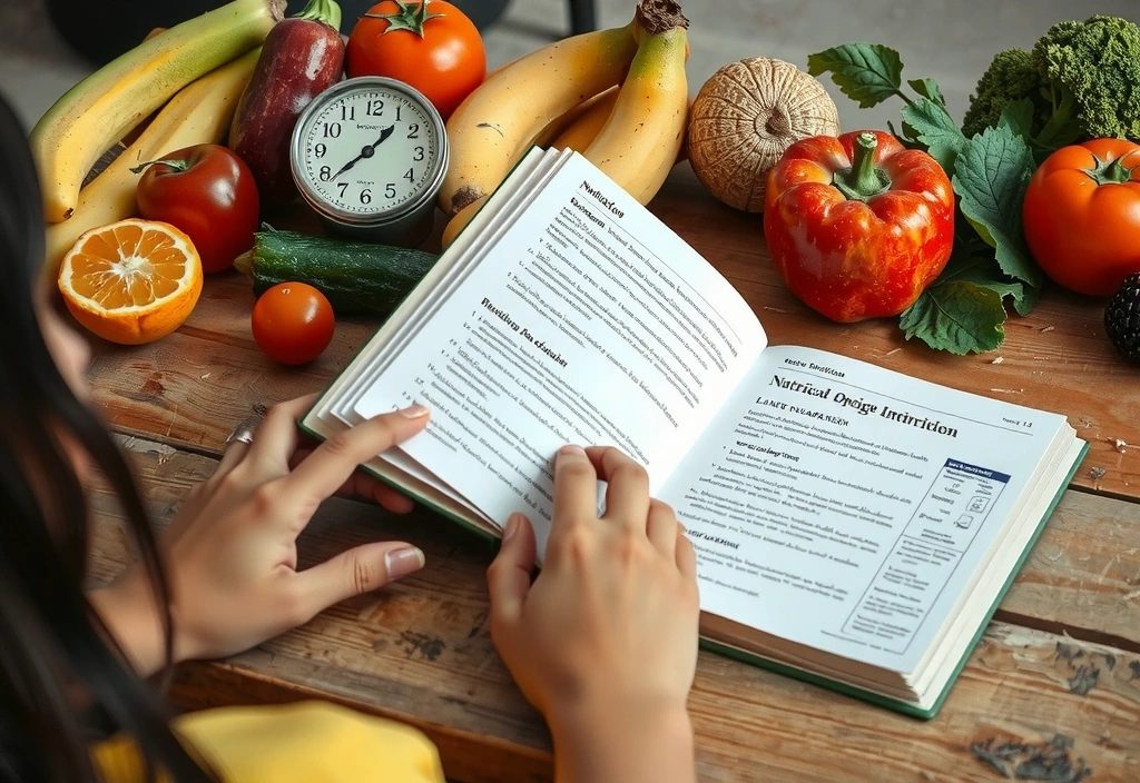 Eine Person liest ein Buch über Ernährung, umgeben von frischem Obst und Gemüse, was das Streben nach Wissen symbolisiert.