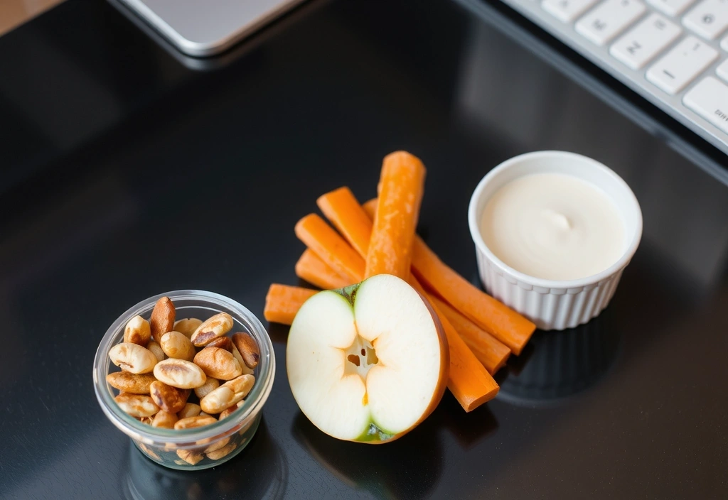 Eine Auswahl an gesunden Snacks wie Nüsse, Obst und Gemüsesticks, perfekt für den Arbeitsalltag.