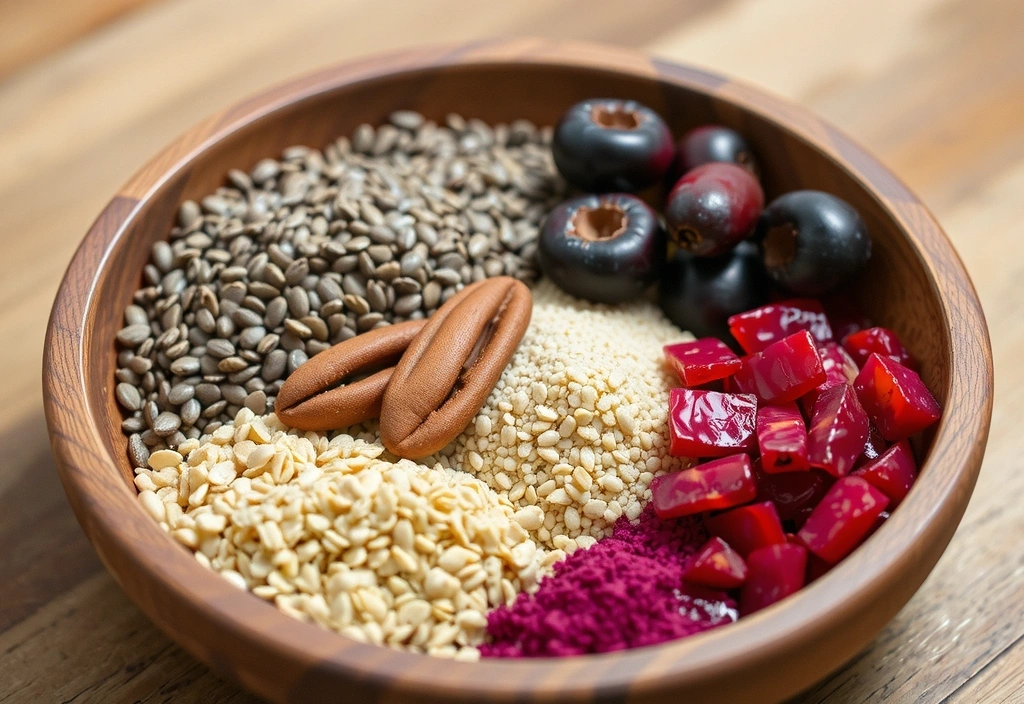 Eine Schale mit verschiedenen Superfoods wie Chiasamen, Goji-Beeren und Quinoa, die eine gesunde Ernährung symbolisieren.