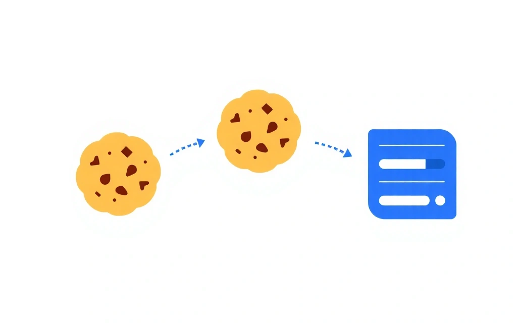 Illustration von Cookies als kleine Dateisymbole, die von einem Browser an einen Server gesendet werden.
