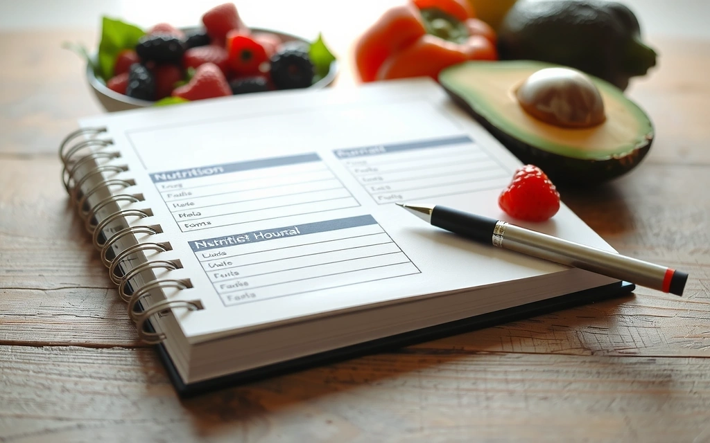 Ein Ernährungstagebuch auf einem Tisch mit frischem Obst und Gemüse im Hintergrund, symbolisiert wissenschaftliche Herangehensweise und gesunde Ernährung.