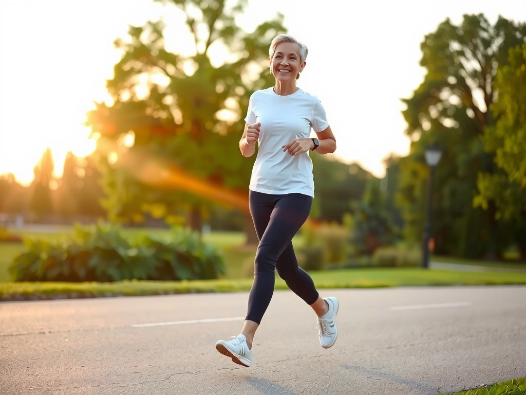 Eine Frau mittleren Alters, die energisch in einem Park joggt, mit einem zufriedenen Ausdruck.