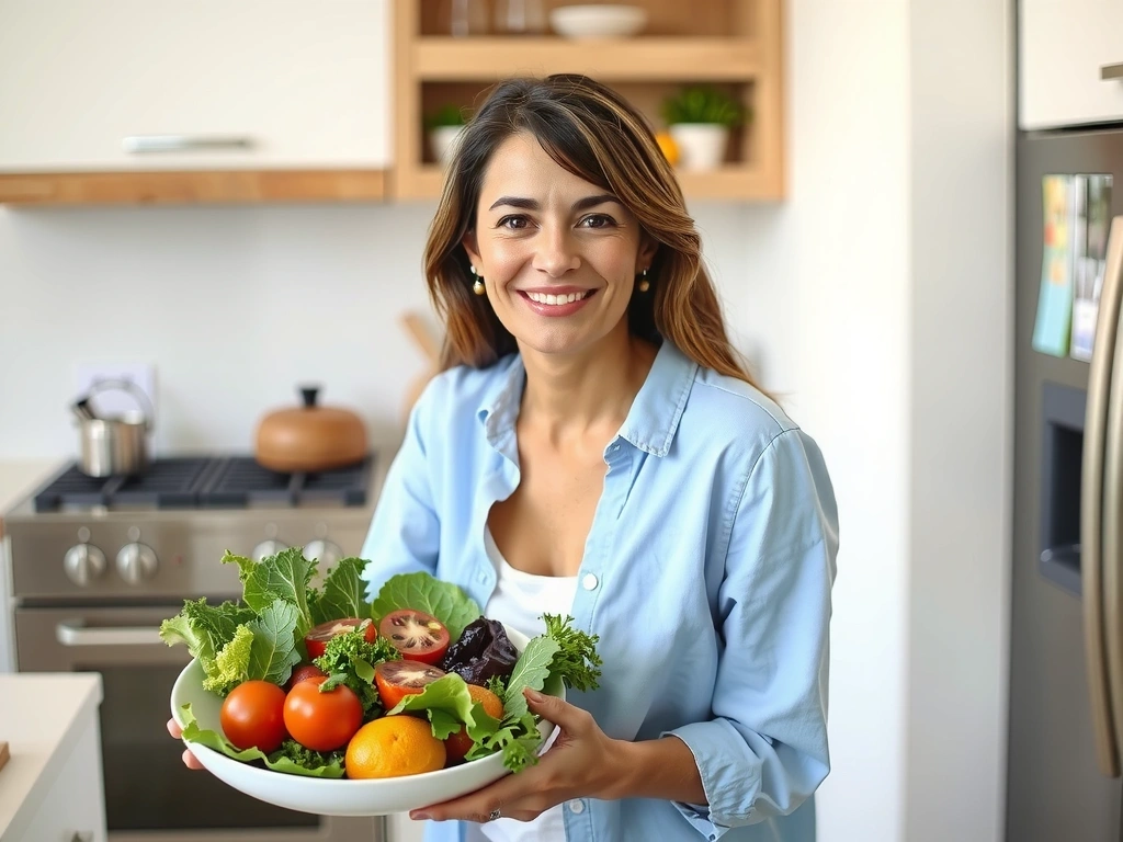 Eine glückliche, lächelnde Frau mittleren Alters, die einen gesunden Salat hält und Vitalität ausstrahlt.
