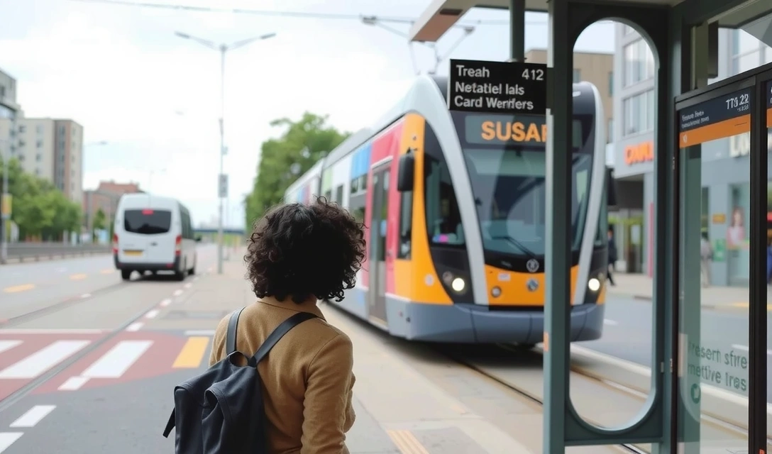 Person waiting at a modern bus stop with a tram in the background