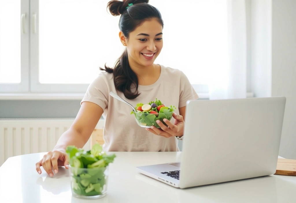 Eine lächelnde Frau, die an ihrem Laptop eine Online-Beratung erhält, während sie einen gesunden Salat isst, was die Bequemlichkeit der Online-Ernährungsberatung symbolisiert.
