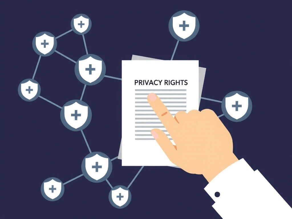 Abstrakte Illustration von Rechten und Datenschutz, mit einer Hand, die auf ein Dokument zeigt, umgeben von geschützten Daten