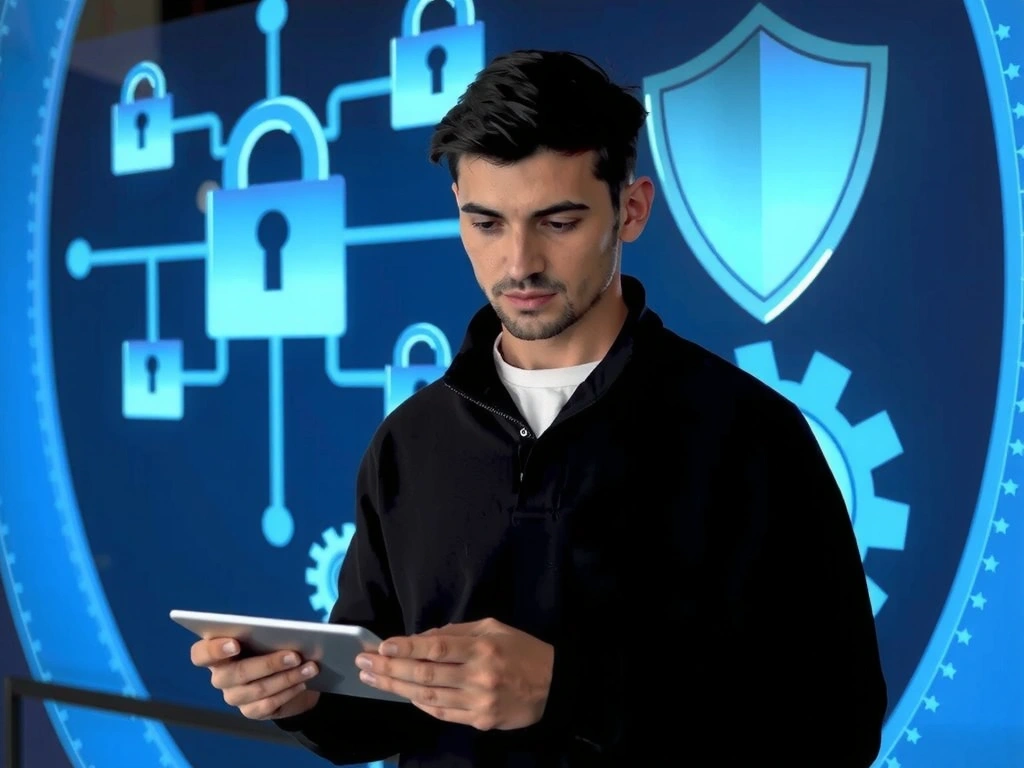 Person liest Datenschutzrichtlinie auf einem Tablet mit Sicherheitssymbolen im Hintergrund