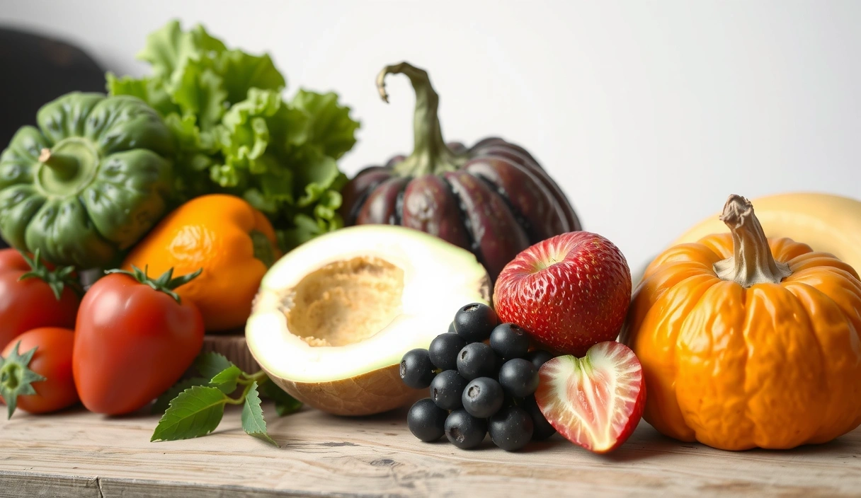 Eine ruhige Anordnung von frischen, lebendigen Früchten und Gemüse auf einem Holztisch mit weichem, natürlichem Licht.