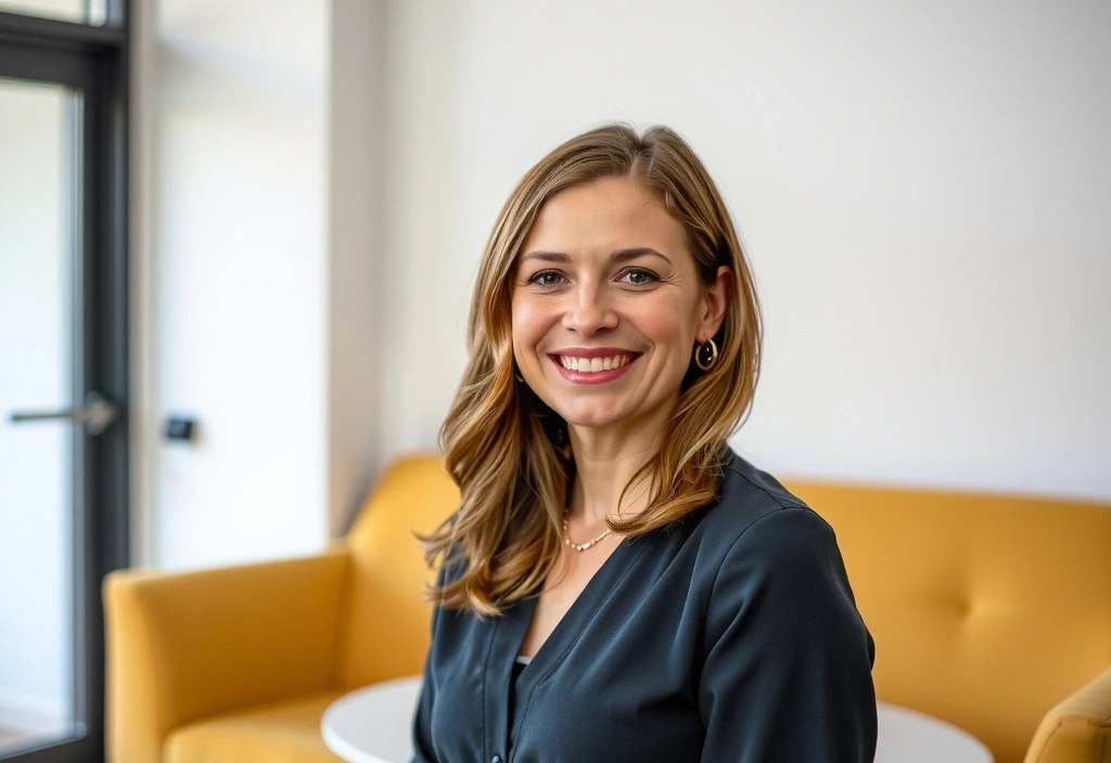 Portrait einer lächelnden zertifizierten Ernährungsberaterin in einem professionellen, aber zugänglichen Umfeld.