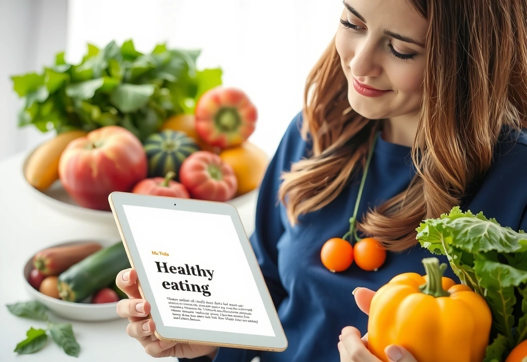 Eine Frau liest einen Artikel über gesunde Ernährung auf einem Tablet, umgeben von frischem Obst und Gemüse.