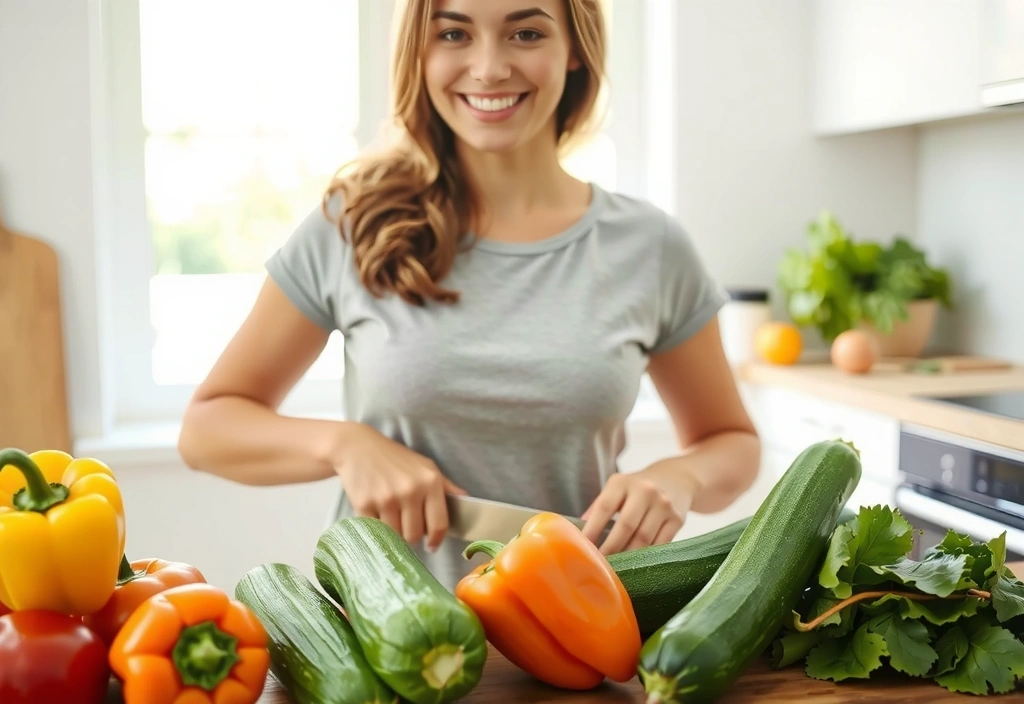 Eine Person, die frisches Gemüse in einer Küche zubereitet, symbolisiert gesunde Ernährung und einen aktiven Lebensstil. Fokus auf frische Zutaten und Freude am Kochen.