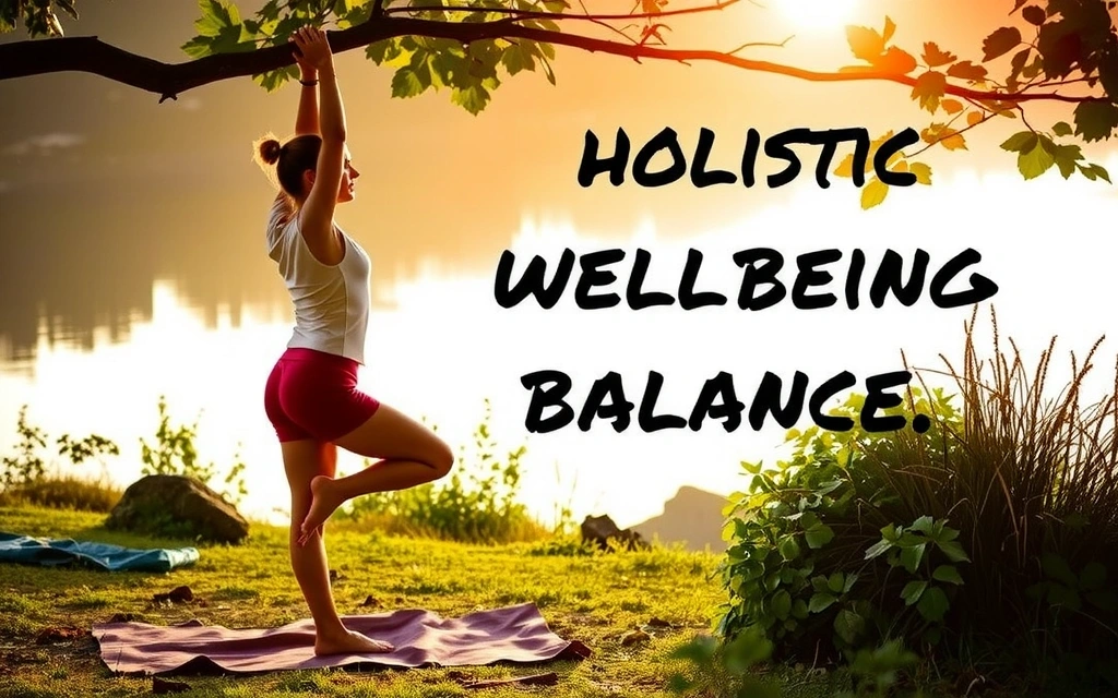 Eine ruhige Szene mit einer Person, die Yoga macht, umgeben von Natur, symbolisiert ganzheitliches Wohlbefinden und innere Balance.