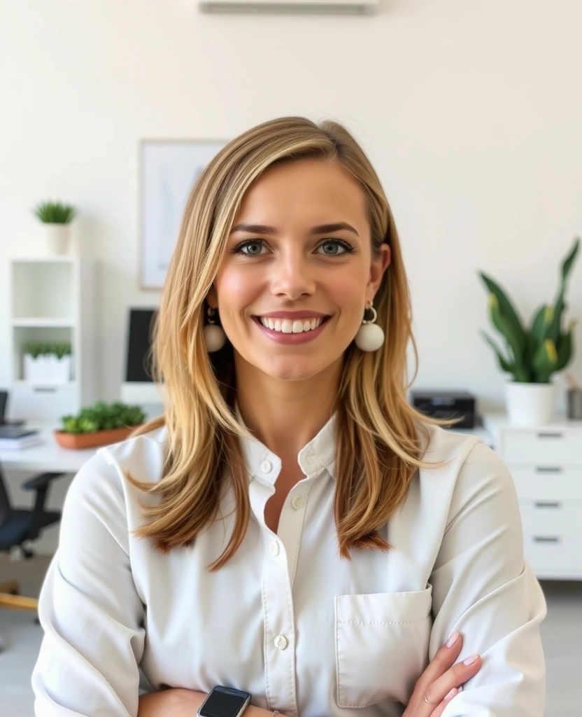 Professionelles Porträt einer freundlichen Ernährungsberaterin in einem hellen, modernen Büro, die zugänglich und kompetent aussieht.